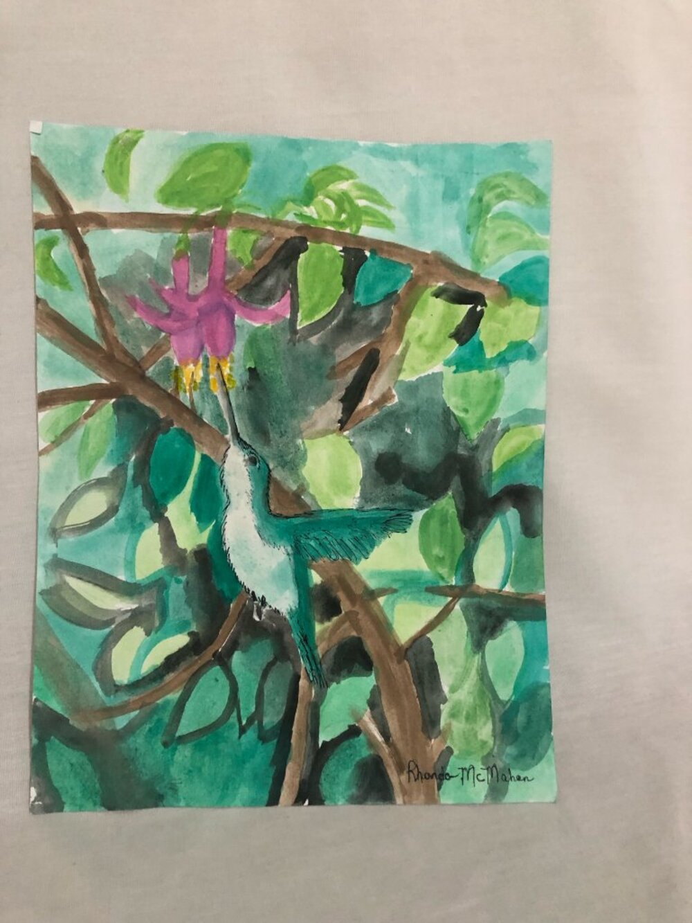 Watercolor Painting of Hummingbird Getting Nectar